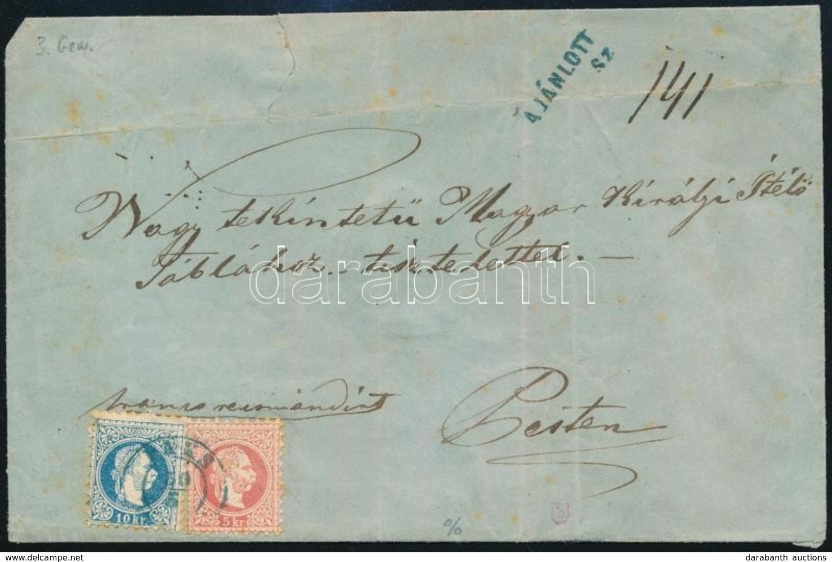 ~1869 3. Súlyfokozatú Ajánlott Levél 5kr + 10kr, és A Hátoldalon 2 X 5kr Bérmentesítéssel / 5kr + 10 Kr + 2 X 5kr On 3rd - Autres & Non Classés