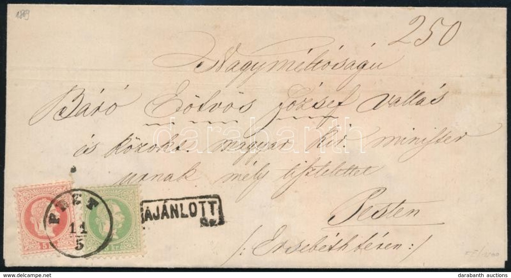 1869 3kr + 5kr Helyi Ajánlott Levélen / On Local Registered Cover 'PEST' - Sonstige & Ohne Zuordnung