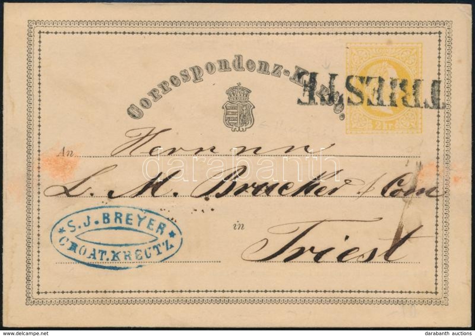 1870 Magyar Díjjegyes Levelezőlap Kreutzból Triesztbe, A Díjjegyet érkezéskor Utólag Bélyegezték Le. Ritka Látványos Dar - Autres & Non Classés