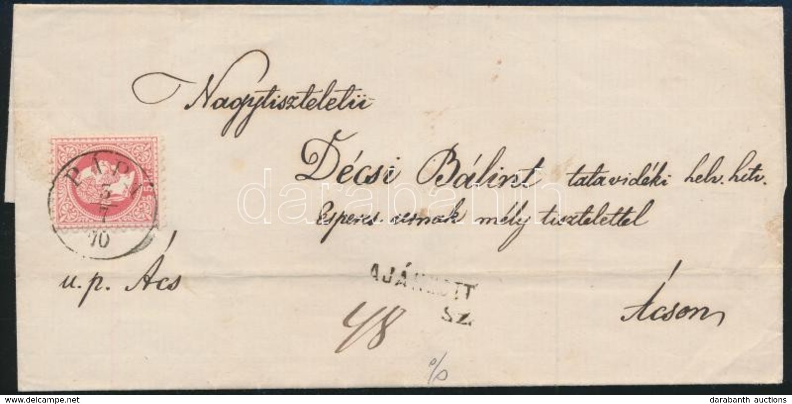 1870 3 X 5kr Ajánlott Levélen, Ebből 2 Bélyeg A Hátoldalon / 3 X 5kr On Registered Cover 'PÁPA' - Ács - Autres & Non Classés