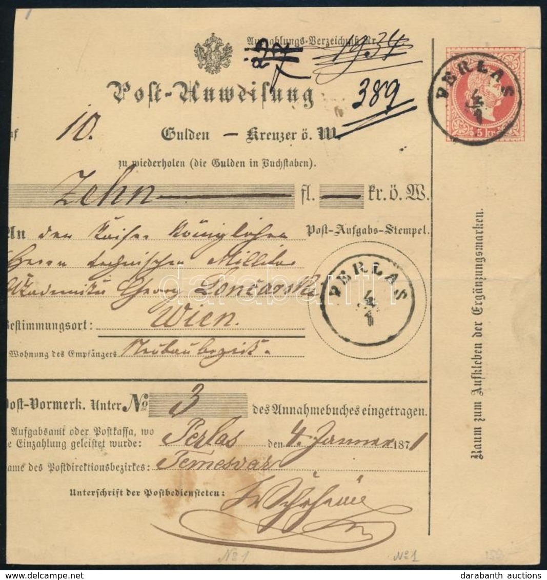 1871 5kr Díjjegyes Pénzutalvány / PS-money Order 'PERLAS' - Autres & Non Classés