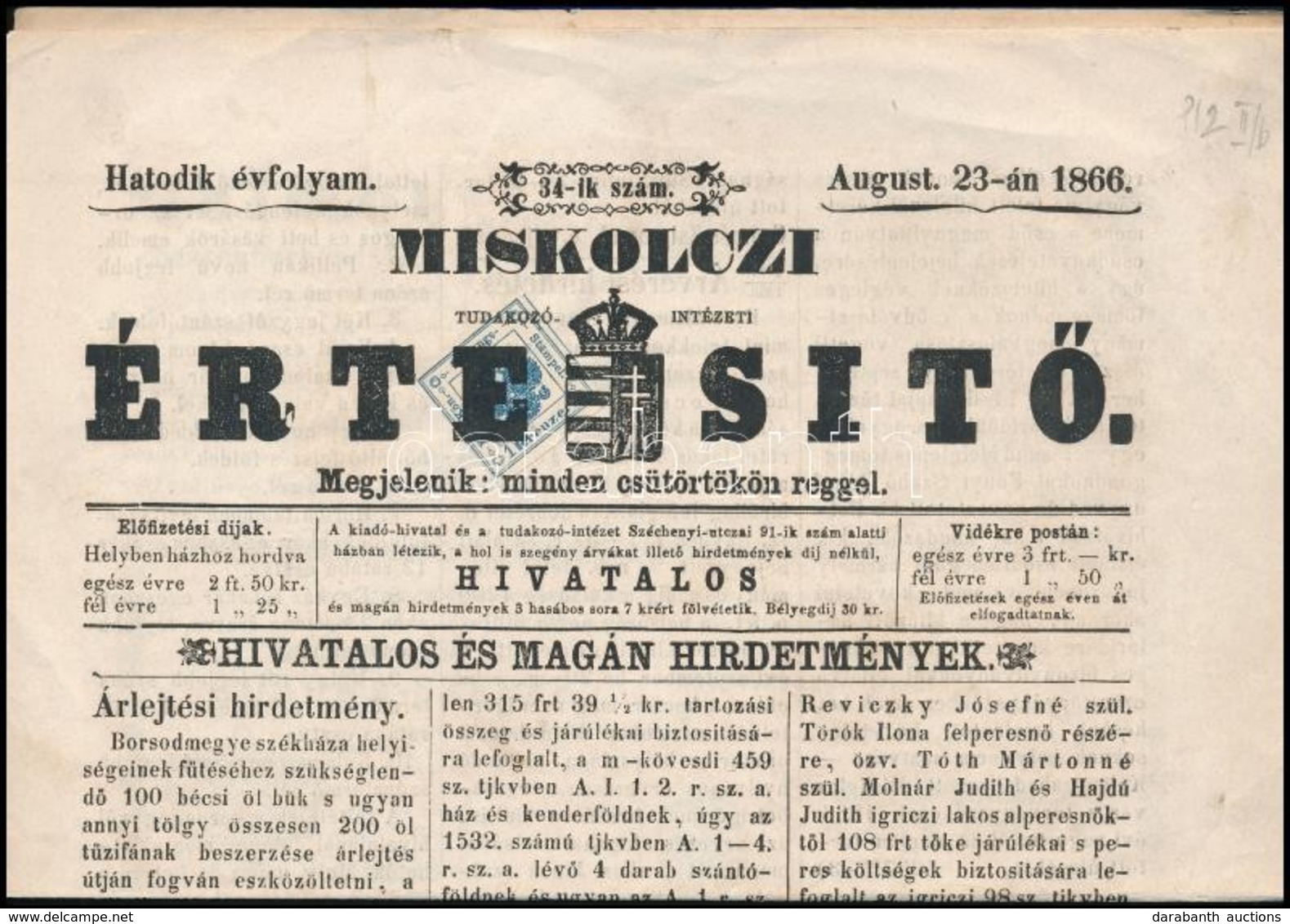 1866 Miskolczi értesítő Előérvénytelenített Hírlapilleték Bélyeggel / Newspaper With Precancelled Newspaper Duty Stamp - Other & Unclassified