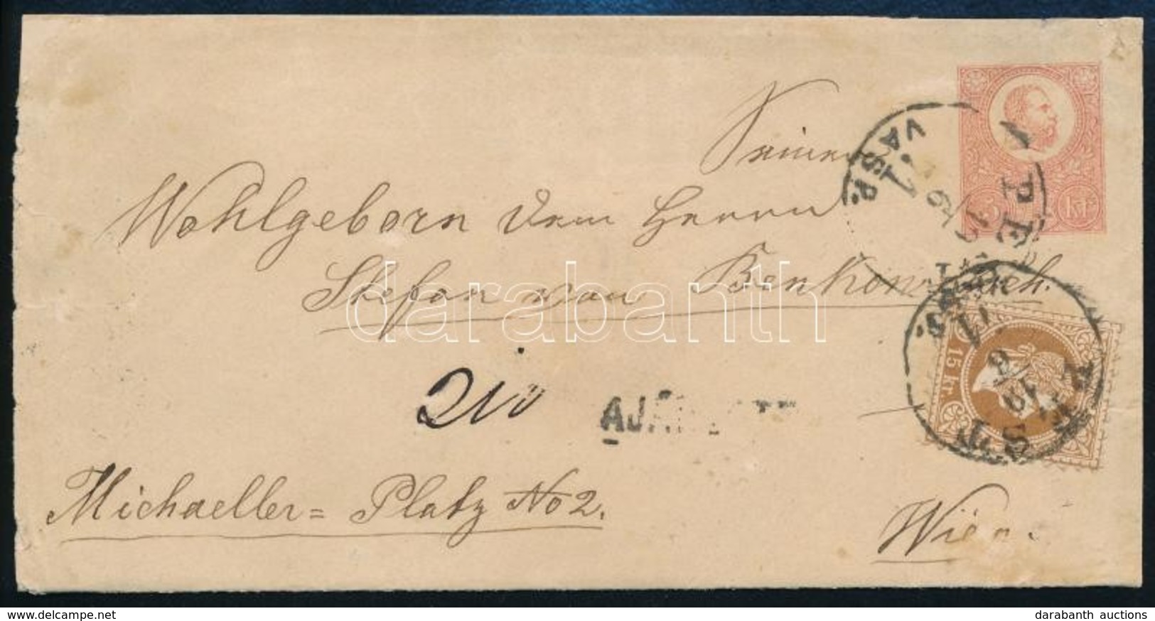 1871 Kőnyomat 5kr Díjjegyes Boríték 1867-es 15kr Díjkiegészítéssel, Ajánlott Levélként. Az Egyetlen Ismert Ilyen Bérment - Autres & Non Classés