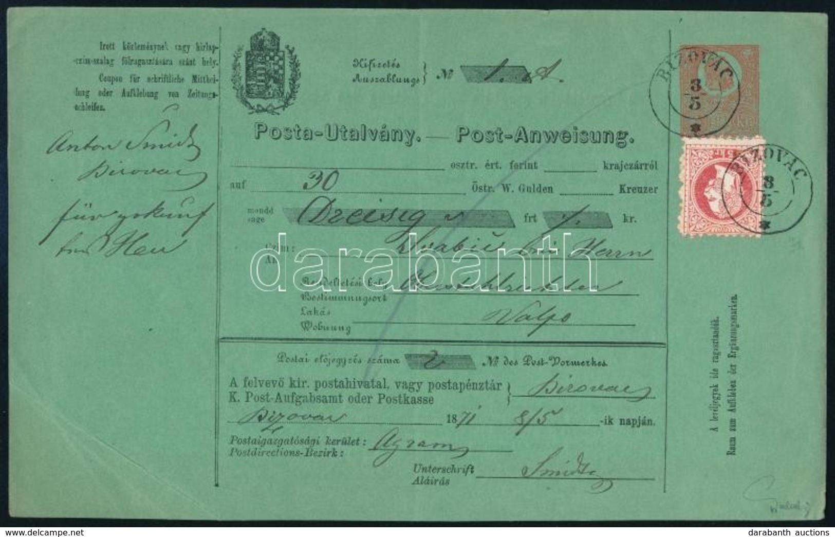 1871 Díjjegyes Postautalvány 1867-es 5kr Díjkiegészítéssel. Rendkívül Ritka Darab! / PS-money Order With 1867 5kr Additi - Other & Unclassified