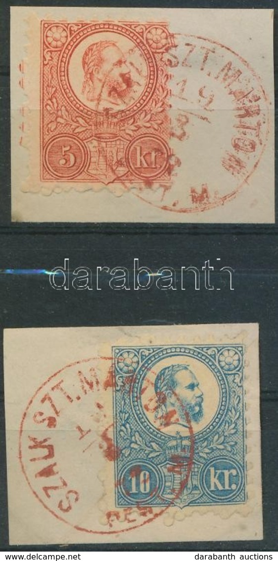 1871 Réznyomat 5kr és 10kr 2 Db Kivágáson Azonos Dátumú Piros Bélyegzéssel  / Mi 10-11 On 2 Cuttings With  Same Date Can - Andere & Zonder Classificatie