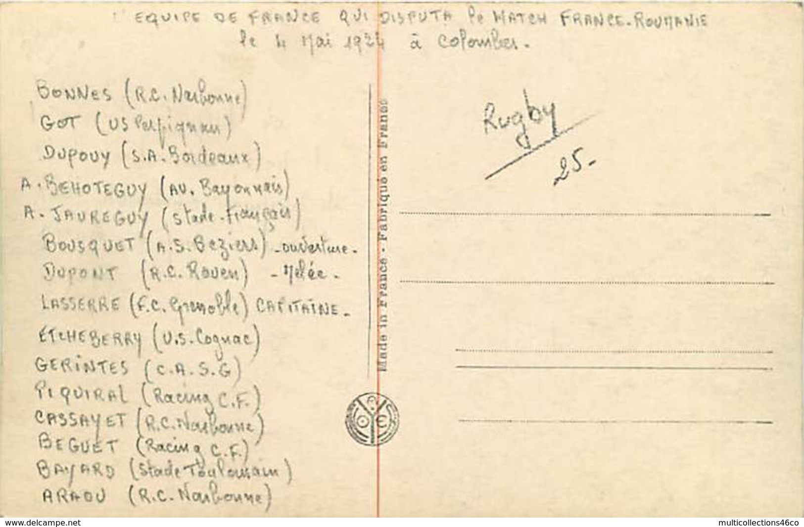 120419 - CARTE PHOTO SPORT RUGBY Jeux Olympiques 1924 équipe France Liste Joueurs Stade Toulousain Roumanie COLOMBES - Rugby