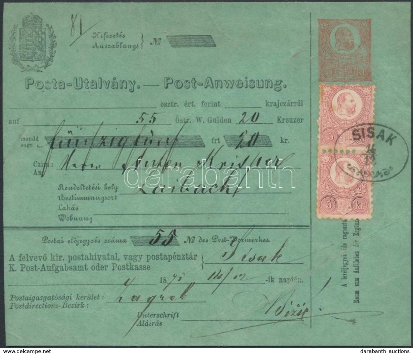 1871 Díjjegyes Postautalvány Réznyomat 2 X 5kr Kiegészítő Bérmentesítéssel / Mi 10 Pair On PS-money Order 'SISAK' - Autres & Non Classés