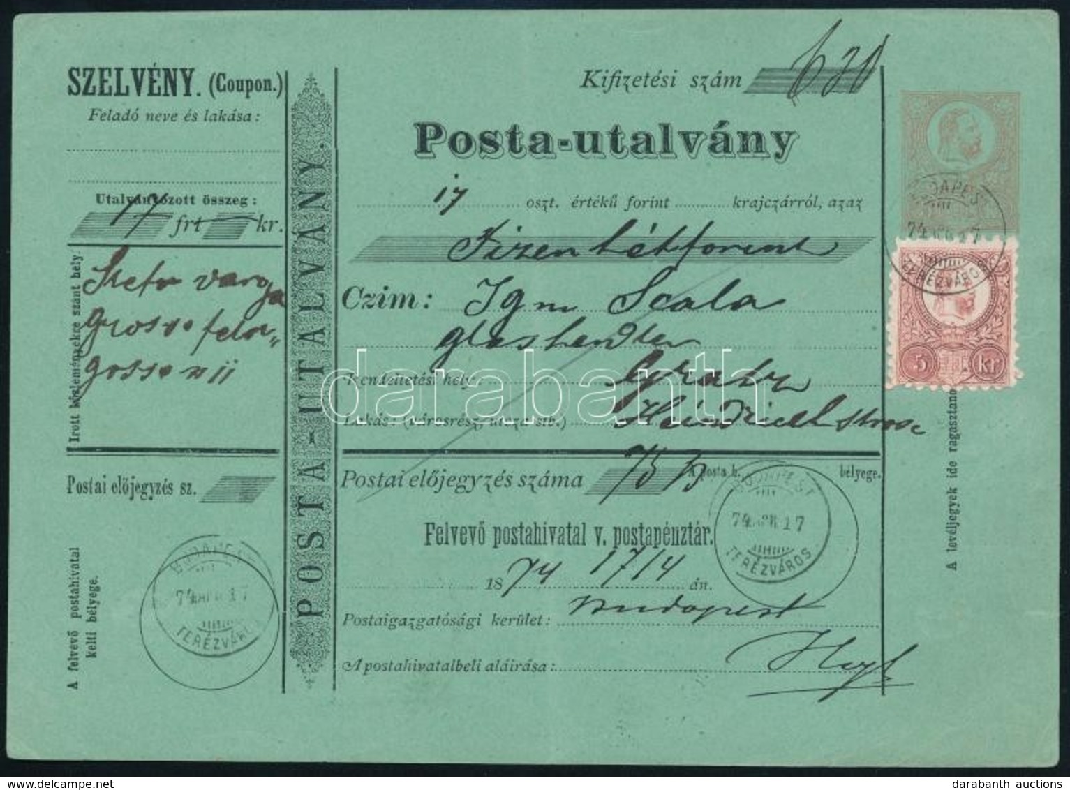 1874 Postautalvány 5kr Bélyeggel / 5kr On PS-money Order 'BUDAPEST / TERÉZVÁROS' - Other & Unclassified