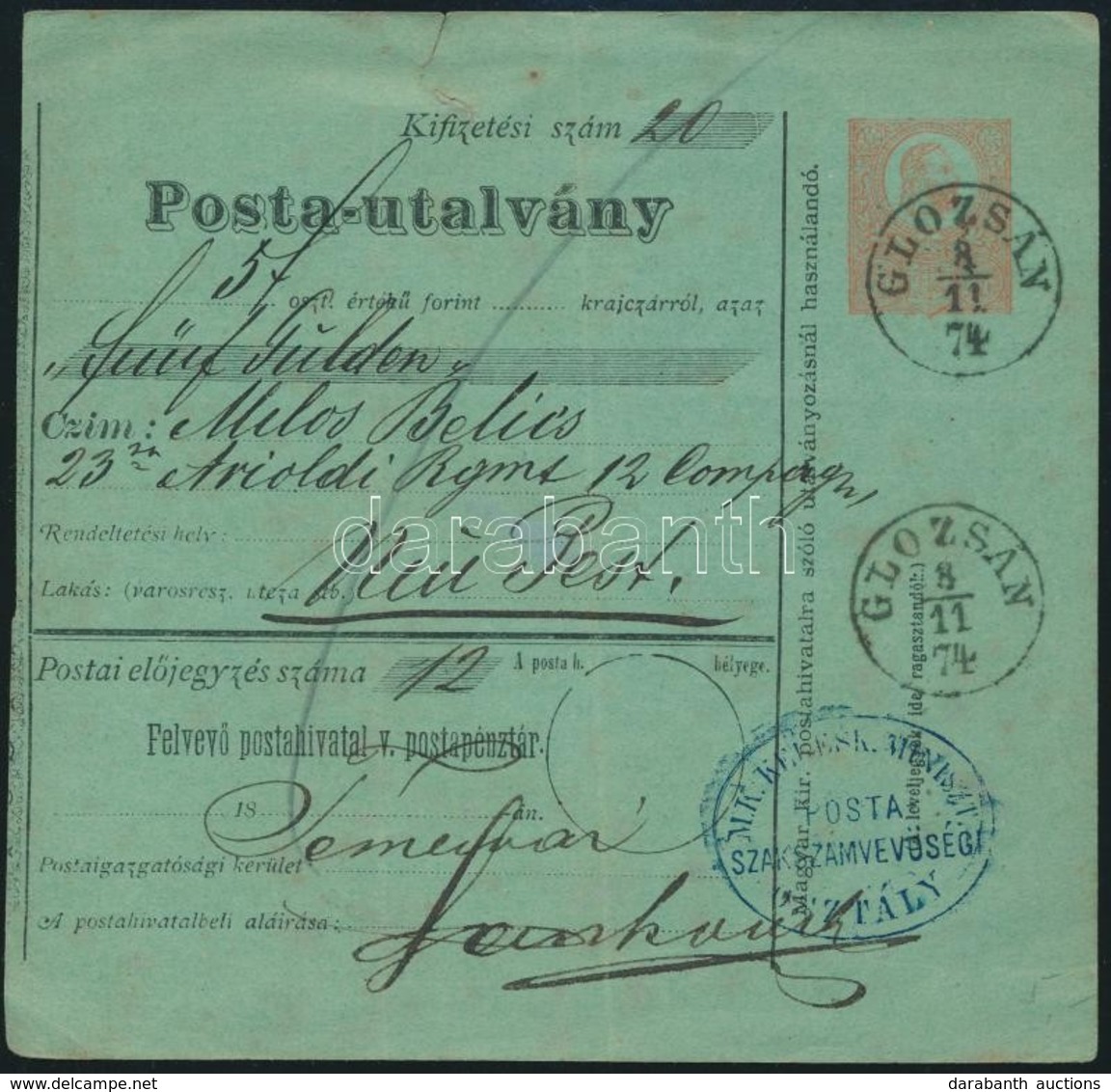 1874 5kr Díjjegyes Postautalvány / PS-money Order 'GLOZSÁN' (Gudlin 300 P) - Other & Unclassified