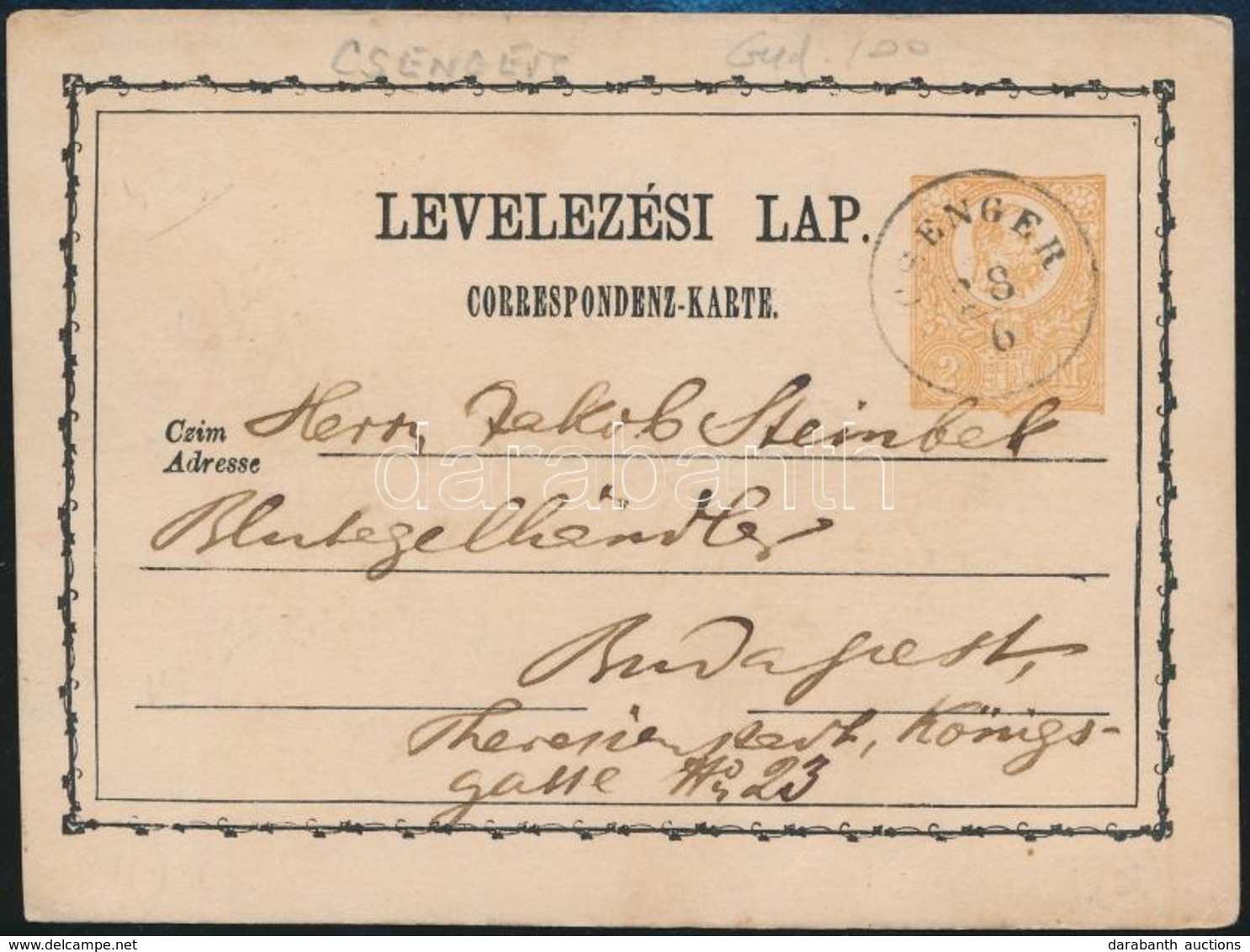 1874 Díjjegyes Levelezőlap / PS-card 'CSENGER' - Budapest - Other & Unclassified