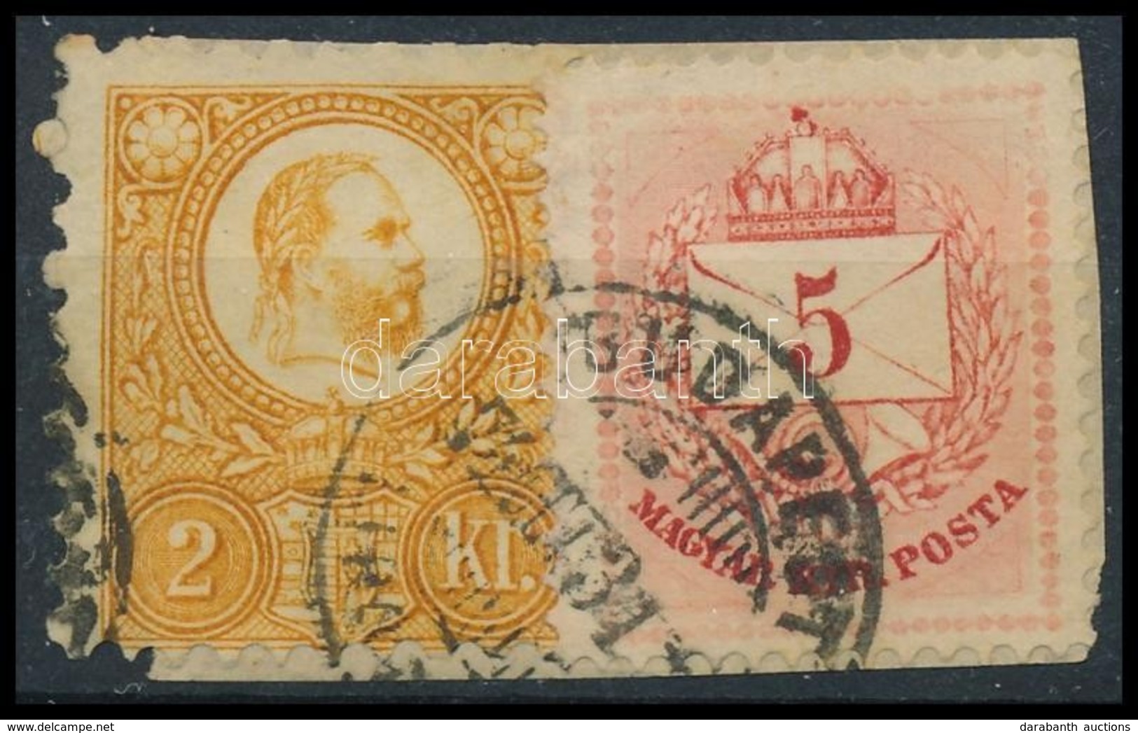 1871 Réznyomat 2kr + 1874 Színesszámú 5kr Vegyes Bérmentesítés Kivágáson / Mi 8 + 17 Mixed Franking On Cutting 'BUDAPEST - Autres & Non Classés