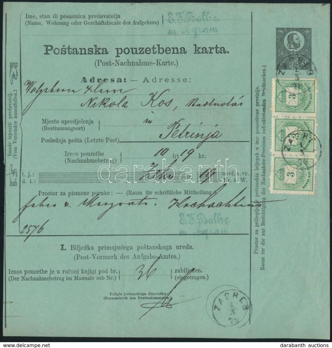 1878 3 X 3kr 10kr Díjjegyes Pénzutalványon / On 10kr PS-money Order 'ZÁGREB' - Petrinja - Sonstige & Ohne Zuordnung