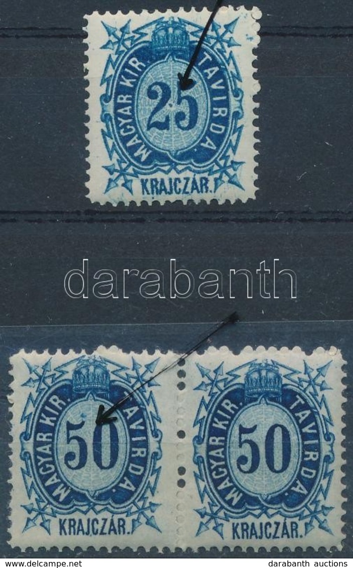 ** 1874 Távírda 25kr és 50kr Pár Klf Lemezhibákkal, Foltokkal / Mi T 12 + 2 X 14 With Plate Flaws, Paint Spots - Autres & Non Classés