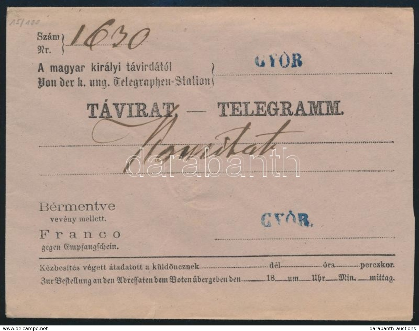 ~1865 Távirat Boríték / Telegram Cover, Kék / Blue 'GYŐR' - Sonstige & Ohne Zuordnung