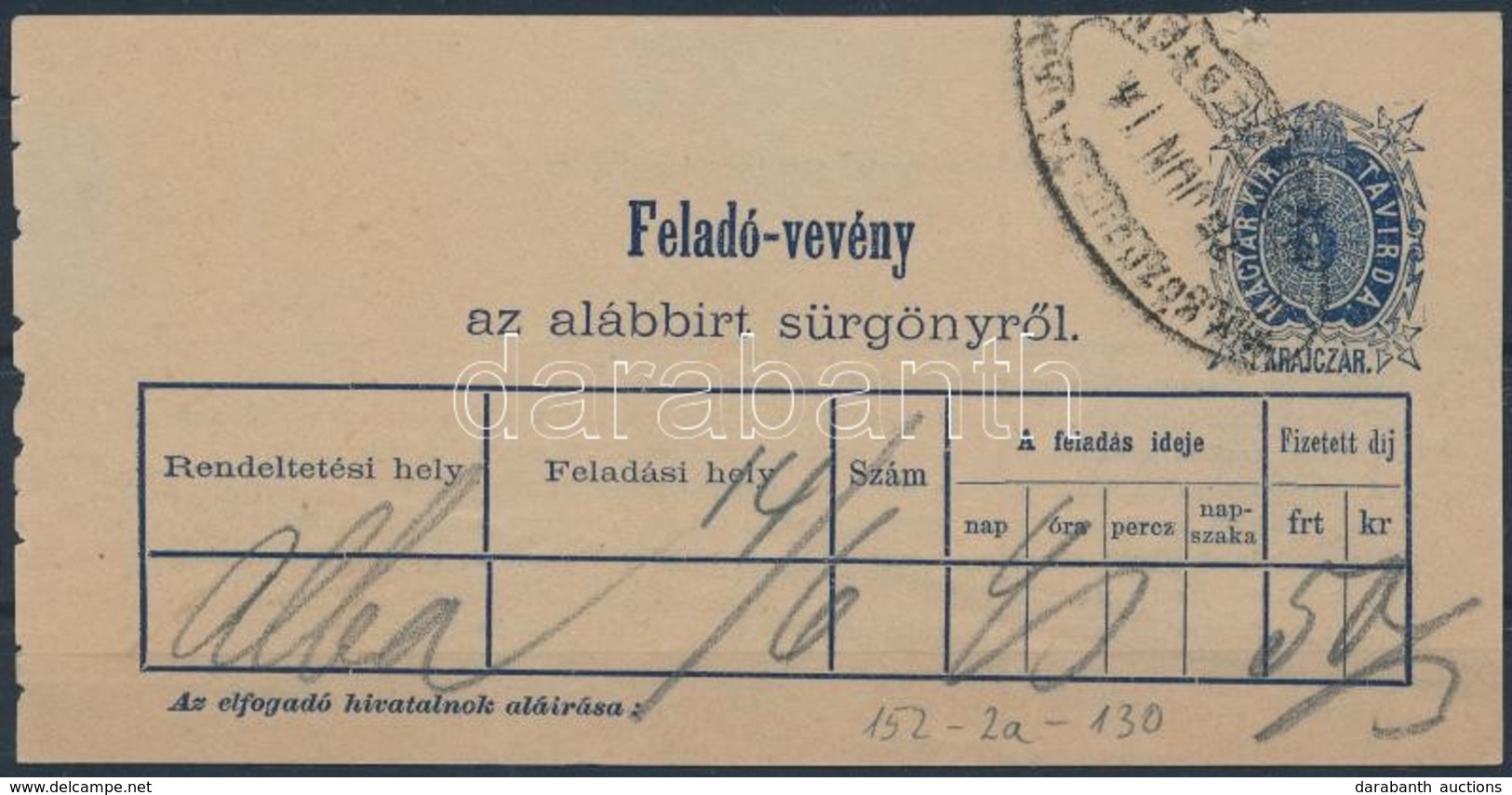 1875 5kr Díjjegyes Távirati Feladóvevény / 5kr PS-telegraph Sender's Receipt - Autres & Non Classés