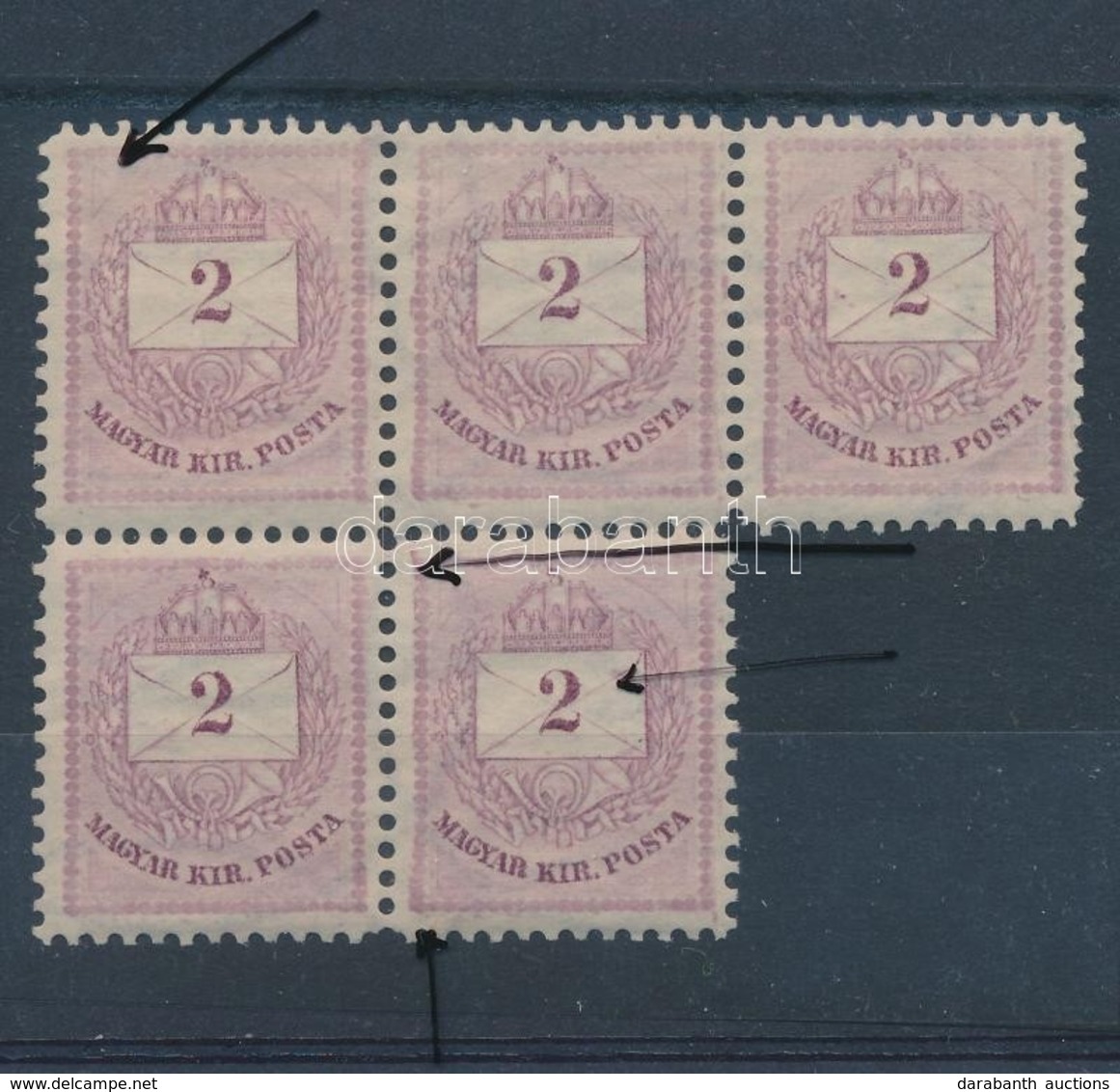 ** * 1881 2kr II. Lemez 5-ös Tömb Klf Lemezhibákkal, Javítással (ex Lovász) / Plate II Block Of 5, With Plate Flaws, Ret - Autres & Non Classés