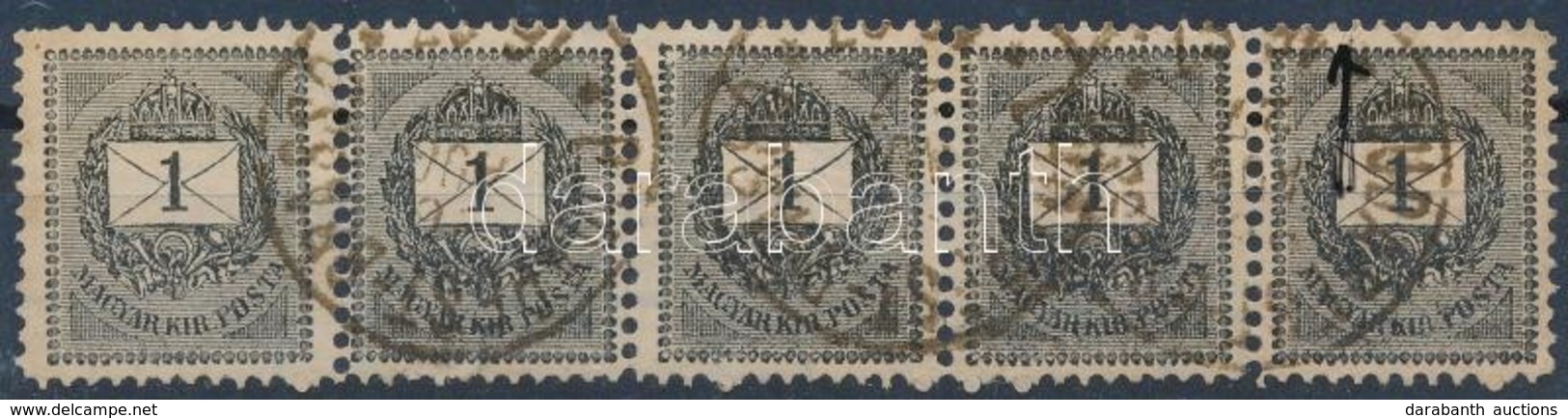 O 1889 1kr ötöscsík 11 1/2 Fogazással, összefüggő Típusokkal, Lemezhibával / Stripe Of 5 With Perf 11 1/2, Type Varietie - Autres & Non Classés