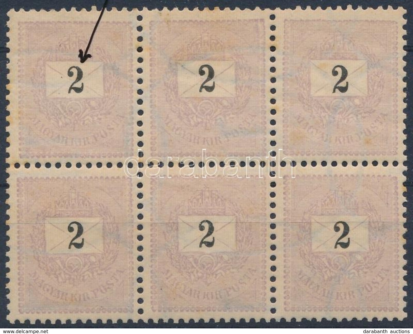 ** 1889 2kr 6-os Tömb Lemezszakadással, Típusösszefüggéssel / Block Of 6 With Plate Flaw, Type Varieties (rozsda / Stain - Autres & Non Classés