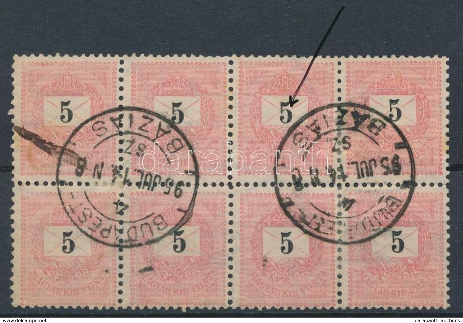 O 1889 5kr 18-as Tömb összefüggő Típusokkal / Block Of 8 With Type Varieties 'BUDAPEST / BÁZIÁS' Mozgóposta Bélyegzéssel - Sonstige & Ohne Zuordnung