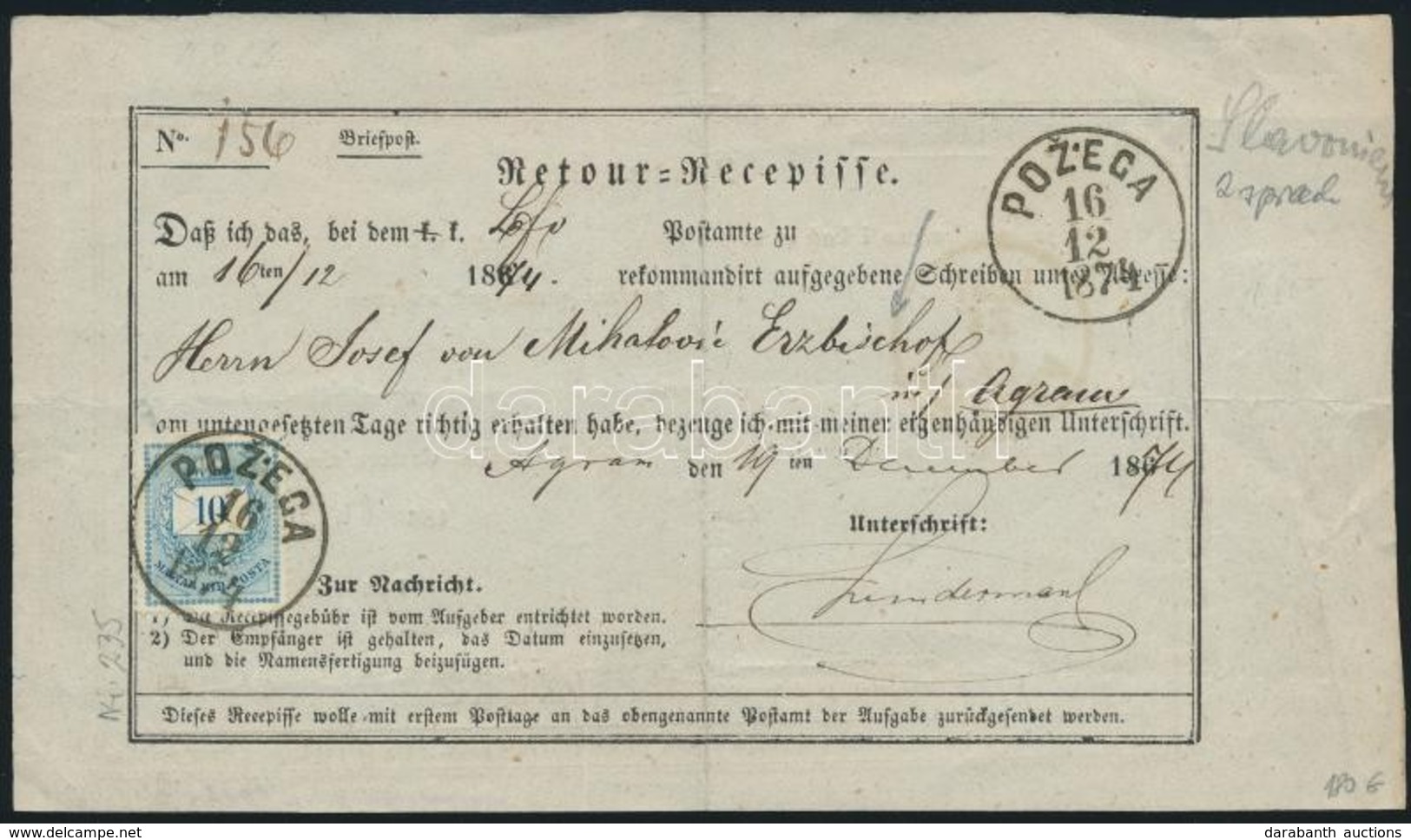 1874 Színesszámú 10kr Retour Recepisse-n 'POZEGA' - Autres & Non Classés