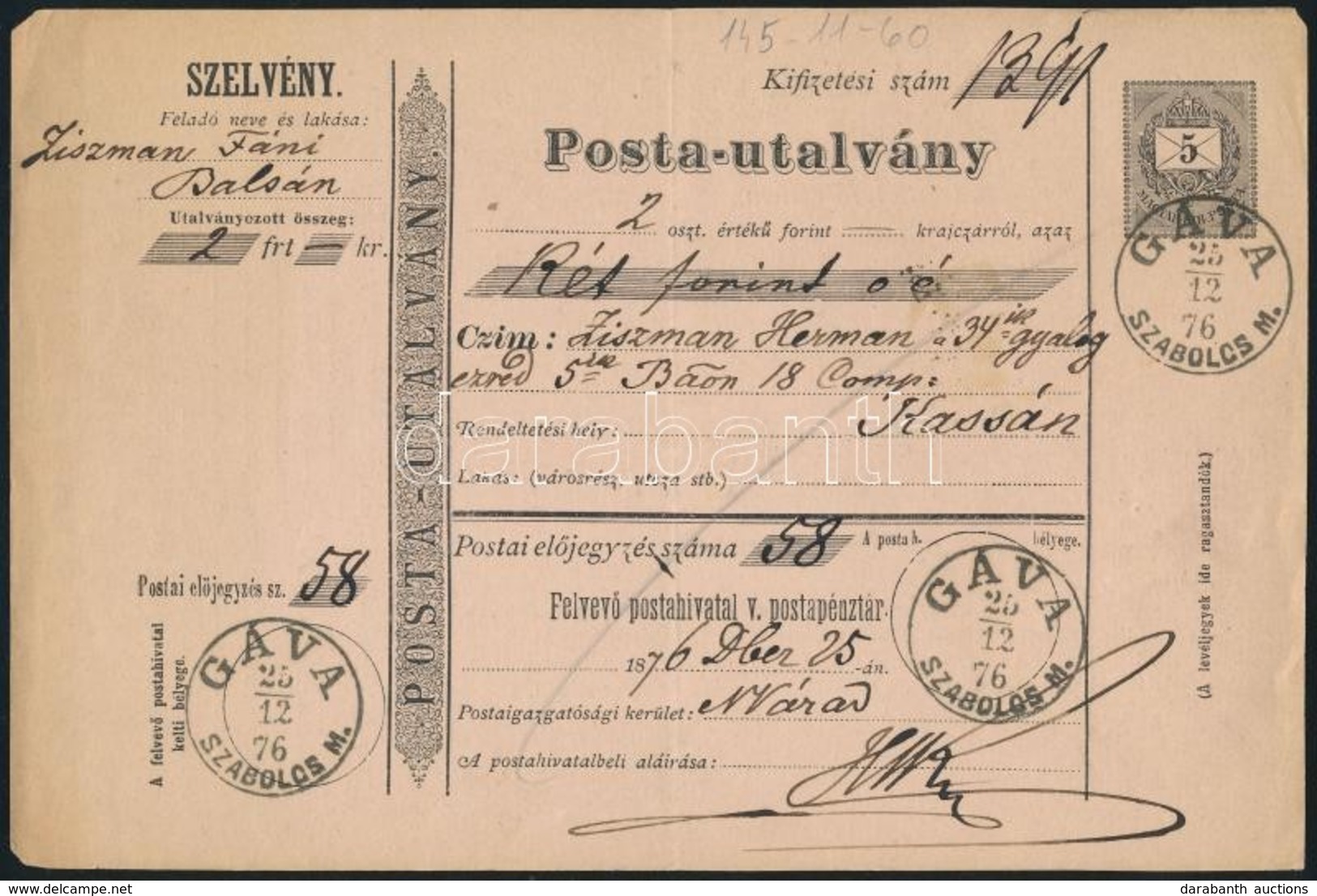 1876 5kr Díjjegyes Postautalvány / PS-money Order 'GÁVA' - Kassa - Sonstige & Ohne Zuordnung