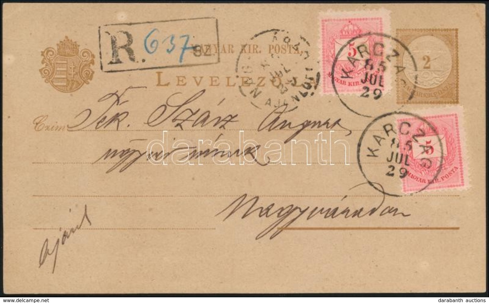 1885 2kr Díjjegyes Levelezőlapon 2 X 5kr / On Registered PS-card 'KARCZAG' - Nagyvárad - Sonstige & Ohne Zuordnung