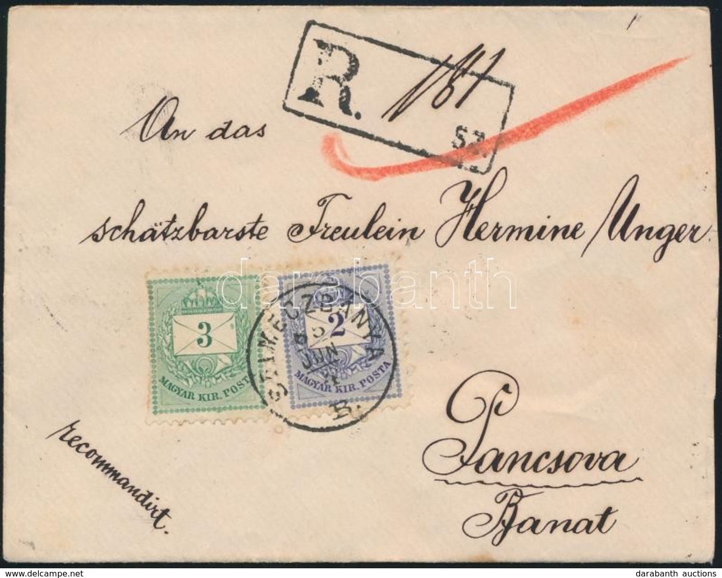 1885 2kr + 3kr + 2 X 5kr Gyöngyjavítással Ajánlott Levélen / With Retouche On Registered Cover 'SELMECZBÁNYA' - Pancsova - Sonstige & Ohne Zuordnung