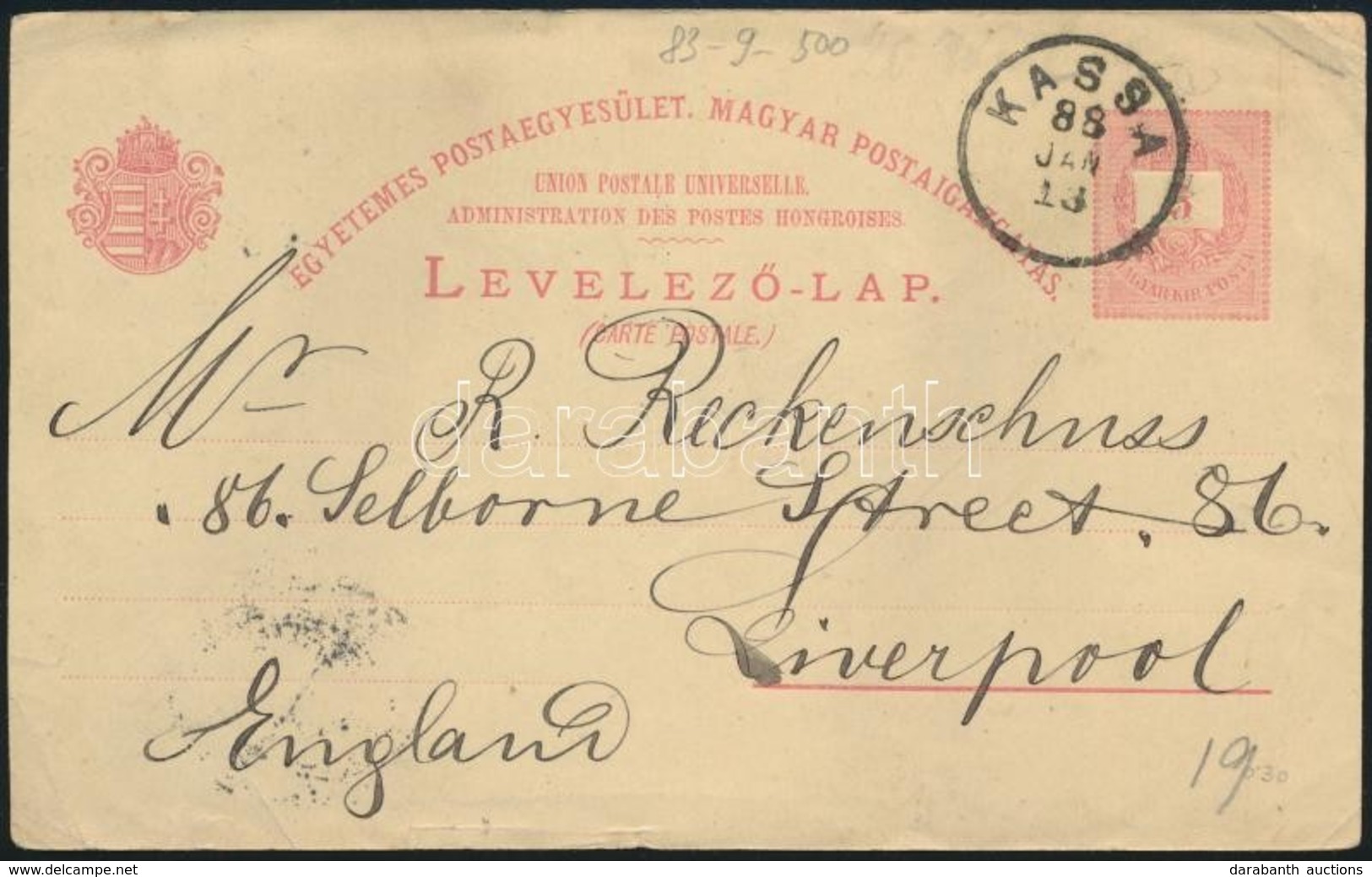 1888 5kr Díjjegyes Levelezőlap Angliába / PS-card To Liverpool 'KASSA' - Autres & Non Classés