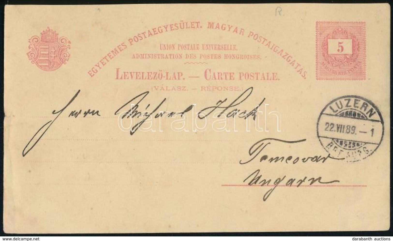 1889 UPU Levelezőlap Válaszrésze / PS-reply Card 'LUZERN' - Temesvár - Autres & Non Classés