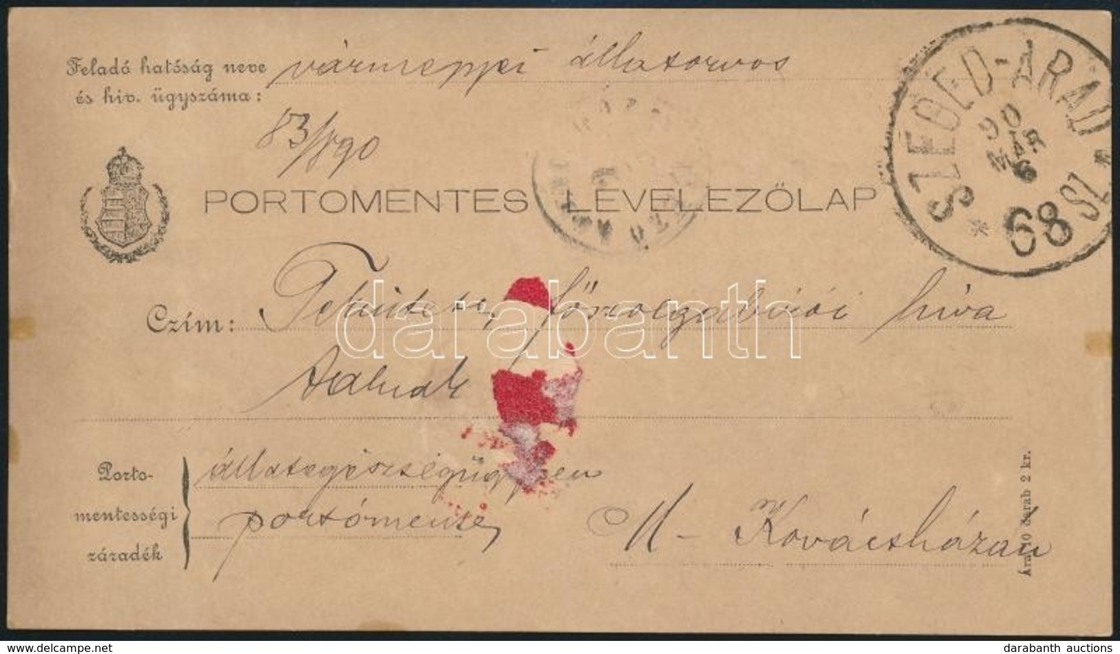 1890 Portómentes Levelezőlap SZEGED-ARAD 68.SZ. Vasúti Bélyegzéssel / Postage Free Postcard With Railway Postmark - Sonstige & Ohne Zuordnung