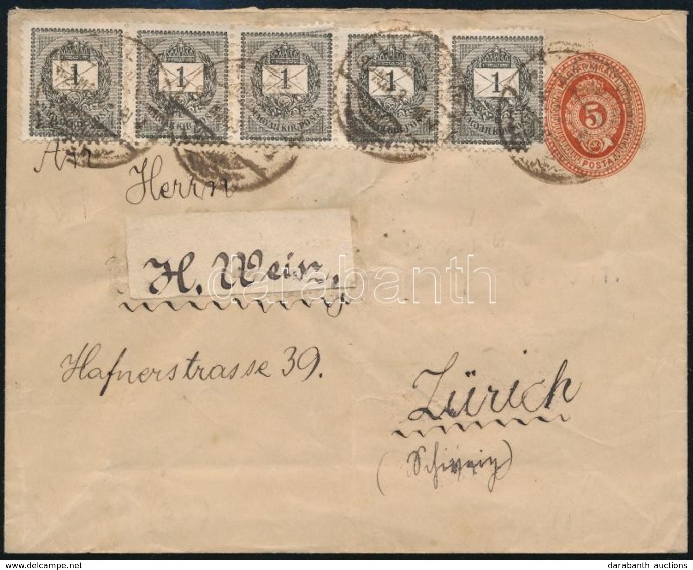 1892 5kr Díjjegyes Boríték 1kr ötöscsík Kiegészítéssel / 5kr PS-cover With 1kr Stripe Of 5 'TEMESVÁR' - Zürich - Sonstige & Ohne Zuordnung