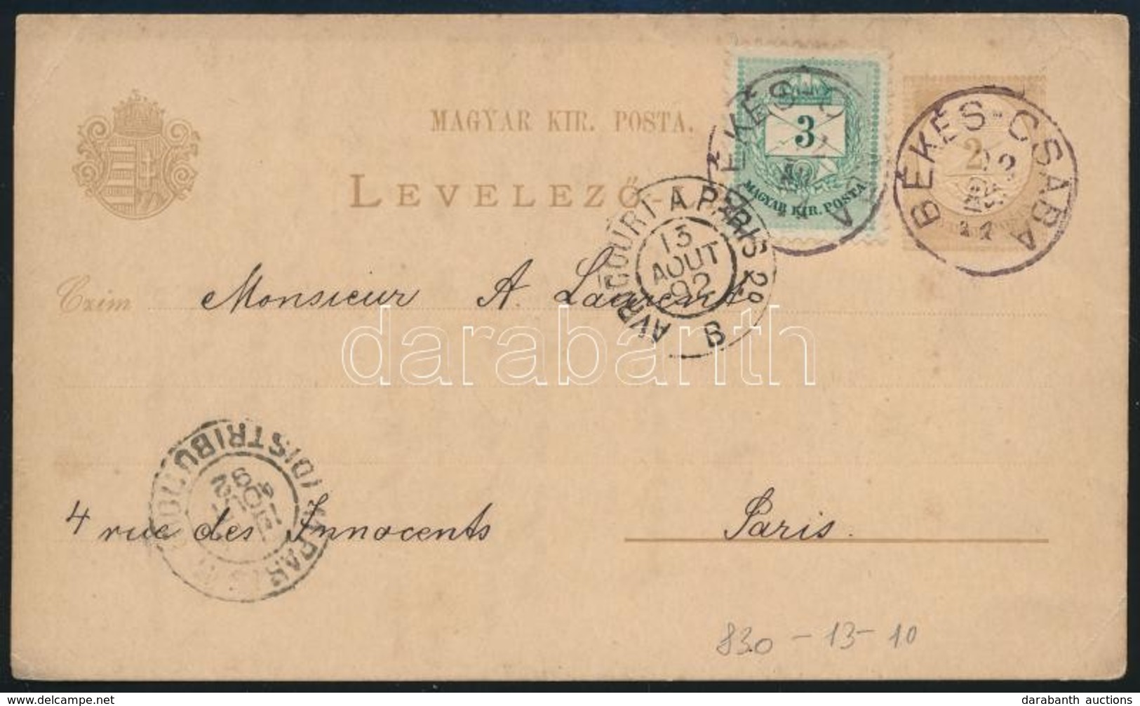 1892 Díjjegyes Levelezőlap 3kr Kiegészítéssel Párizsba / PS-card With 3kr Additional Franking To Paris - Autres & Non Classés