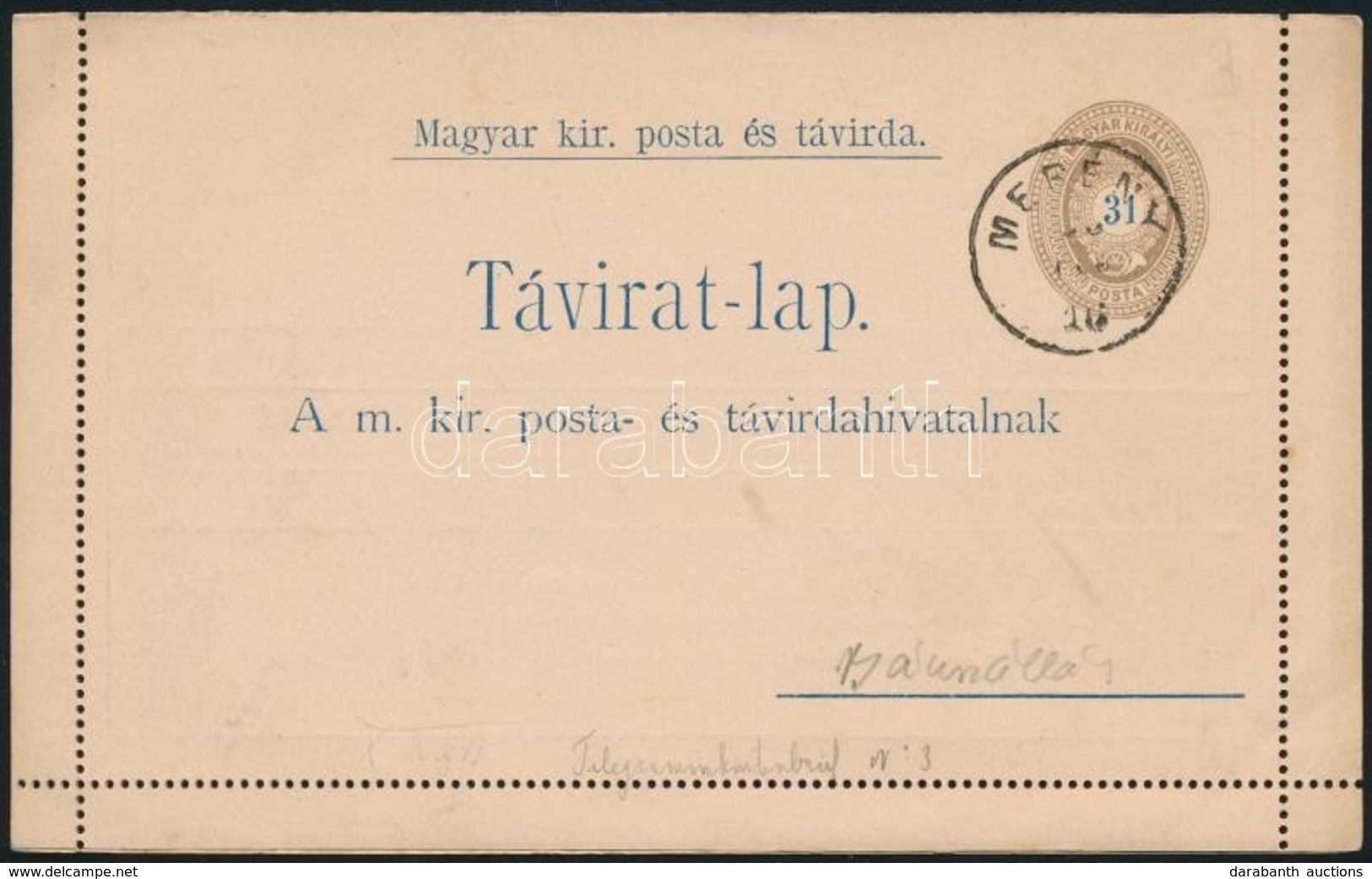 1892 31kr Díjjegyes Zárt Táviratlap / 31kr PS-telegram Cover Card 'MERÉNY' - Bánszállás - Autres & Non Classés