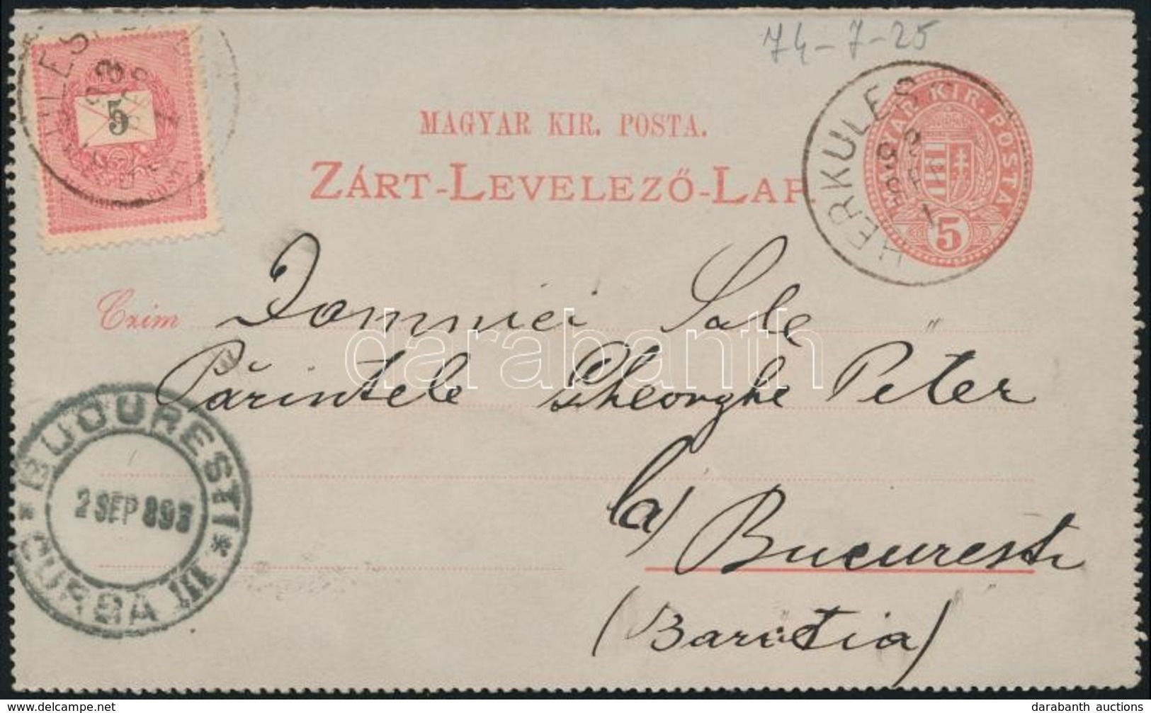 1893 5kr Zárt Díjjegyes Levelezőlap 5kr Kiegészítéssel / PS-cover Card With Additional Franking 'HERKULESFÜRDŐ' - Bukare - Sonstige & Ohne Zuordnung