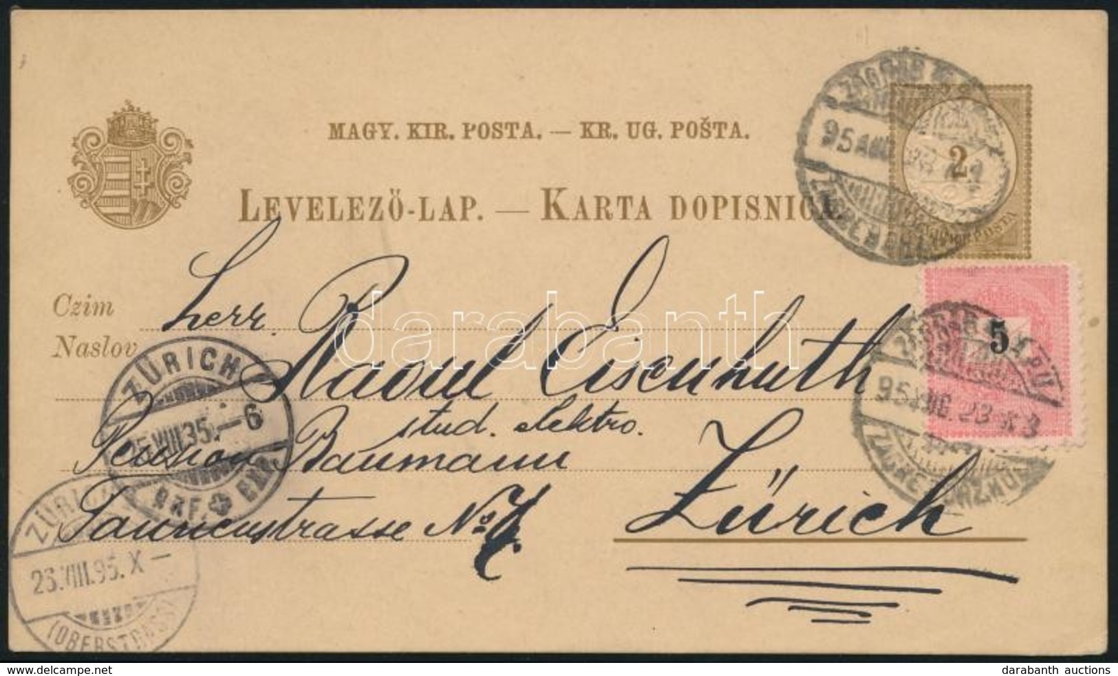 1895 Díjjegyes Levelezőlap 5kr Kiegészítéssel / PS-card With Additional Franking 'ZÁGRÁB' - Zürich - Sonstige & Ohne Zuordnung