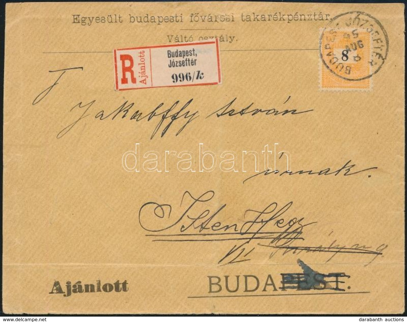 1895 8kr Egyes Bérmentesítés Helyi Ajánlott Levélen / 8kr Single Franking On Registered Local Cover 'BUDAPEST JÓZSEFTÉR' - Autres & Non Classés