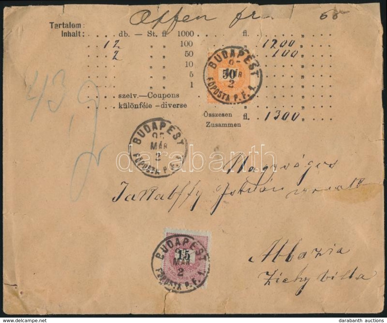 1895 Értéklevél 15kr + 50kr Bélyeggel / Insured Cover 'BUDAPEST' - Abbazia - Autres & Non Classés