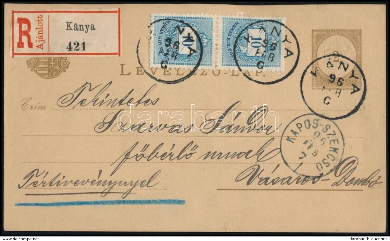 1896 2kr Díjjegyes Levelezőlap Ajánlott Tértivevényes Küldeményként Feladva 10kr Függőleges Pár Kiegészítéssel. Ritka Kü - Sonstige & Ohne Zuordnung