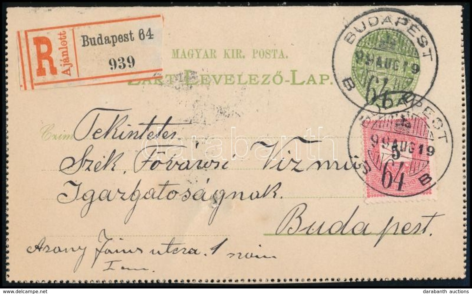 1899 Ajánlott Helyi Zárt Levelezőlap 5kr Kiegészítéssel / Registered Local PS-cover Card With 5f Additional Franking - Autres & Non Classés