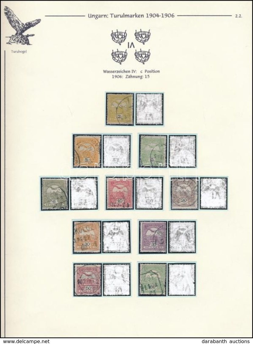 O 1906 Turul Sor 10 értéke  IV Számvízjellel, Vízjelállás 'c', Albumlapon (195.000) / 10 Values Ex Mi 75C -86C  With IV  - Autres & Non Classés