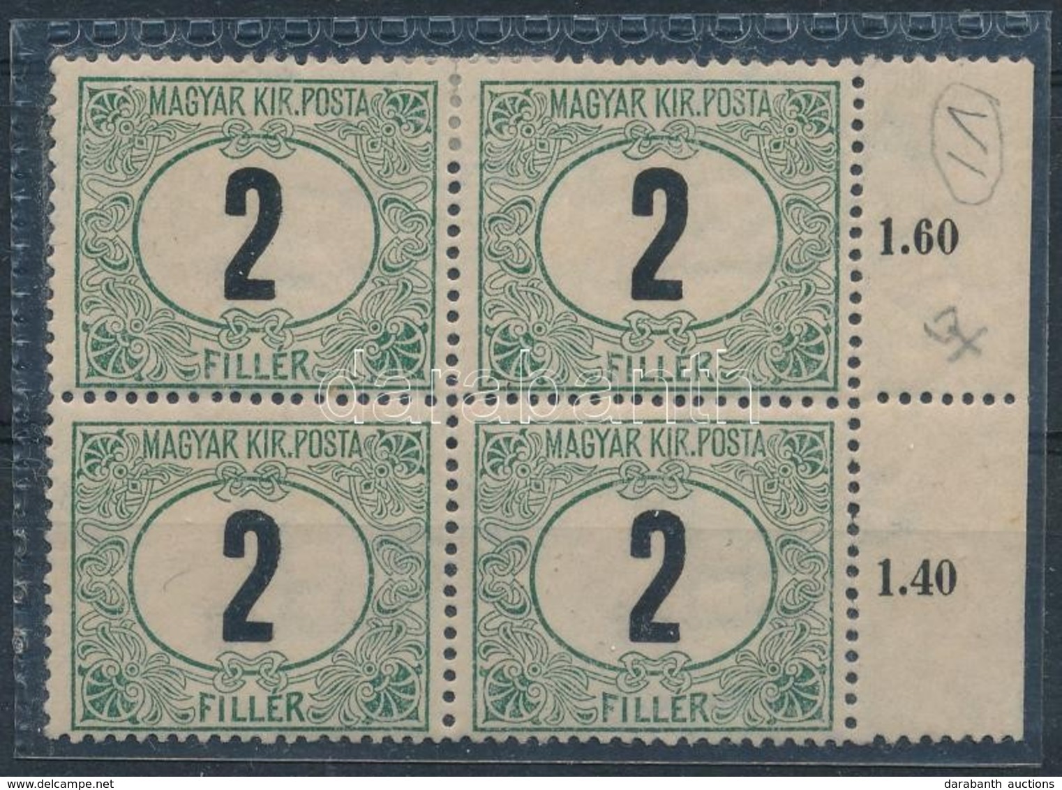 * 1908 Zöldportó 2f Négyestömb 'd' állású Számvízjellel / Postage Due Mi 19x Block Of 4 With IV In Watermark, Position ' - Sonstige & Ohne Zuordnung