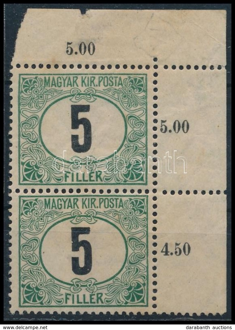 * 1908 Zöldportó 5f ívsarki Pár Számvízjellel, 'b' állás. Nagy Ritkaság! / Postage Due Mi 20x With IV In Watermark, Posi - Other & Unclassified