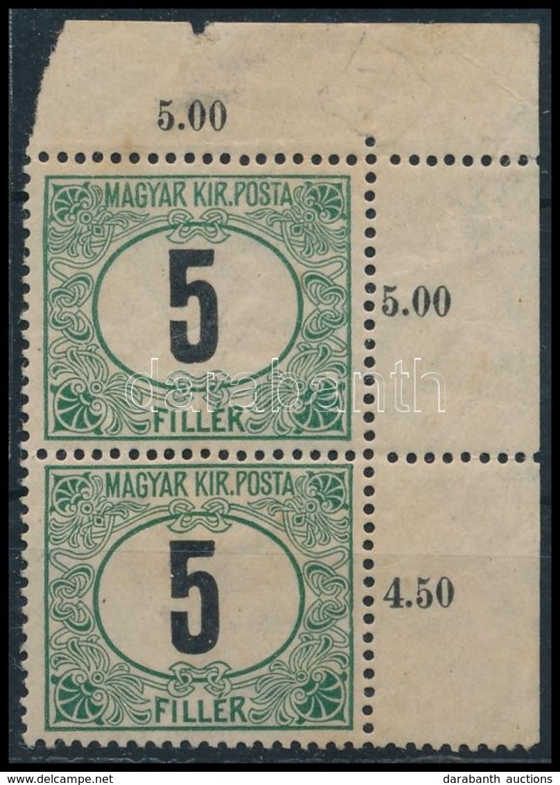 * 1908 Zöldportó 5f ívsarki Pár Számvízjellel, 'b' állás. Nagy Ritkaság! / Postage Due Mi 20x With IV In Watermark, Posi - Autres & Non Classés