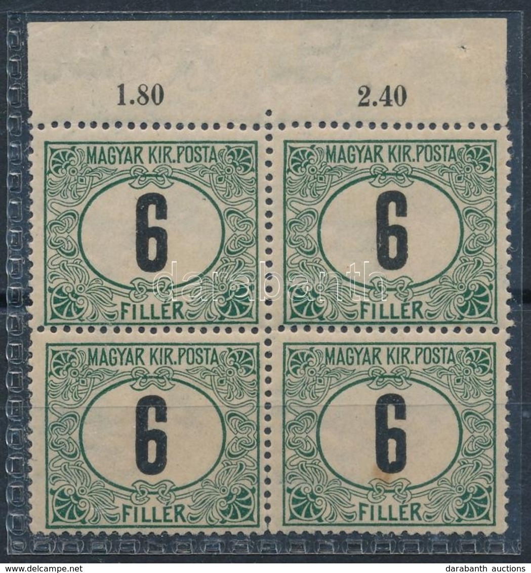 ** 1908 Zöldportó 6f ívszéli Négyestömb 'd' állású Számvízjellel / Postage Due Mi 21x Margin Block Of 4 With IV In Water - Autres & Non Classés