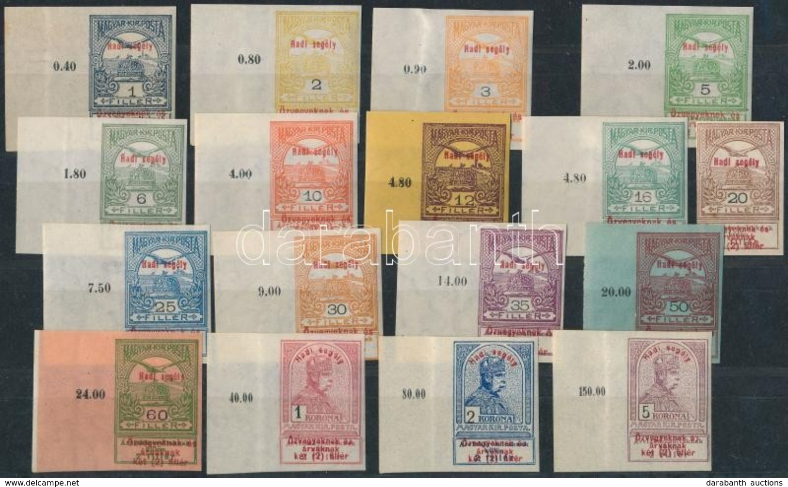 ** 1914 Hadisegély (I.) ívszéli Vágott Próbanyomat Sor, 16 érték ívszéli  / Mi 145-161 Imperforate Proof Set, Mostly Mar - Sonstige & Ohne Zuordnung