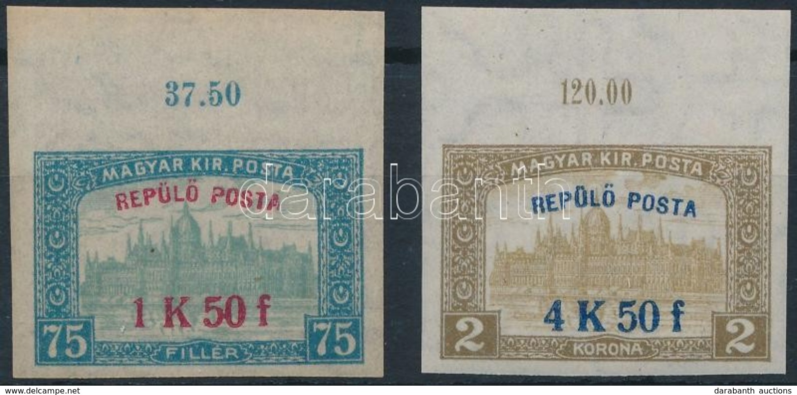 ** 1918 Repülő Posta ívszéli Vágott Sor (60.000) / Mi 210-211 Imperforate Margin Set (1K50f Sárgás Papíron / Mi 210 Yell - Sonstige & Ohne Zuordnung