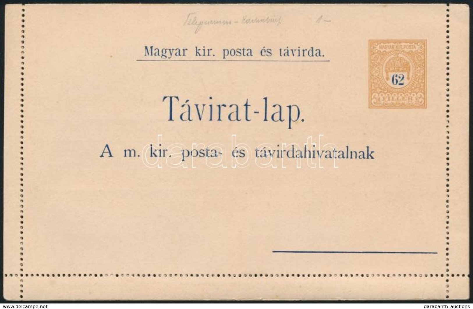 1900 Használatlan 62f Díjjegyes Zárt Táviratlap / Unused 62f PS-telegram Cover Card - Sonstige & Ohne Zuordnung