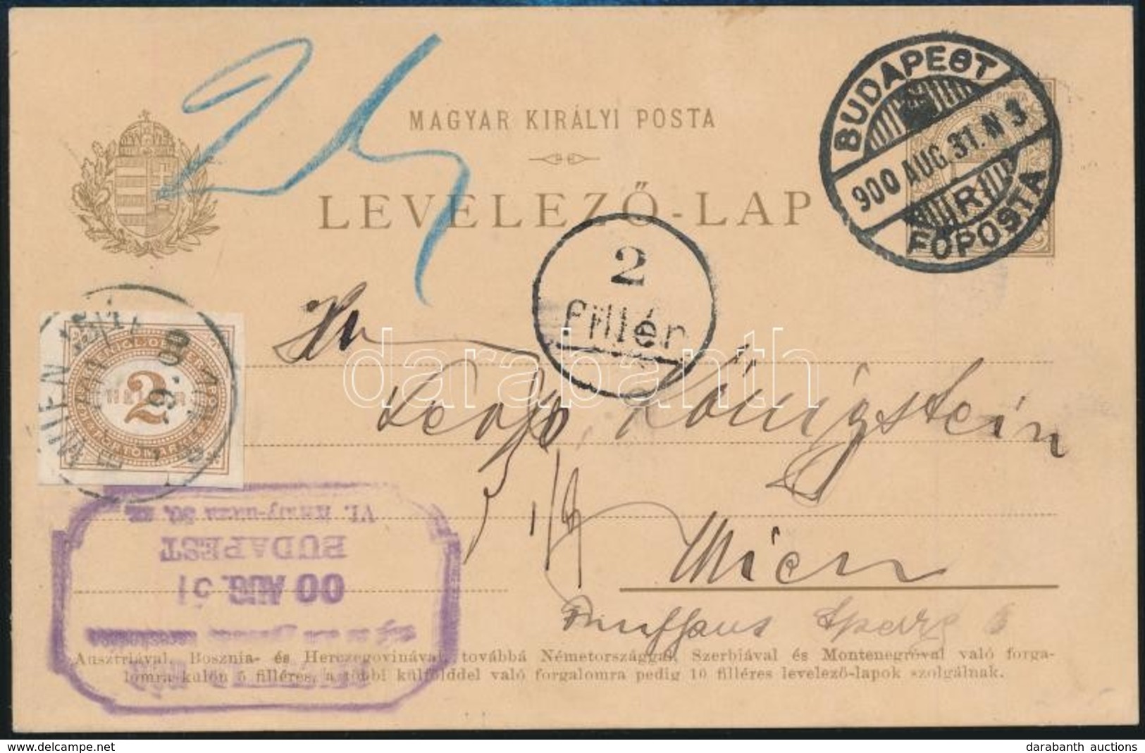 1900 Díjjegyes Levelezőlap Bécsbe, Vágott Osztrák Portóval / PS-card To Vienna, With Postage Due - Sonstige & Ohne Zuordnung