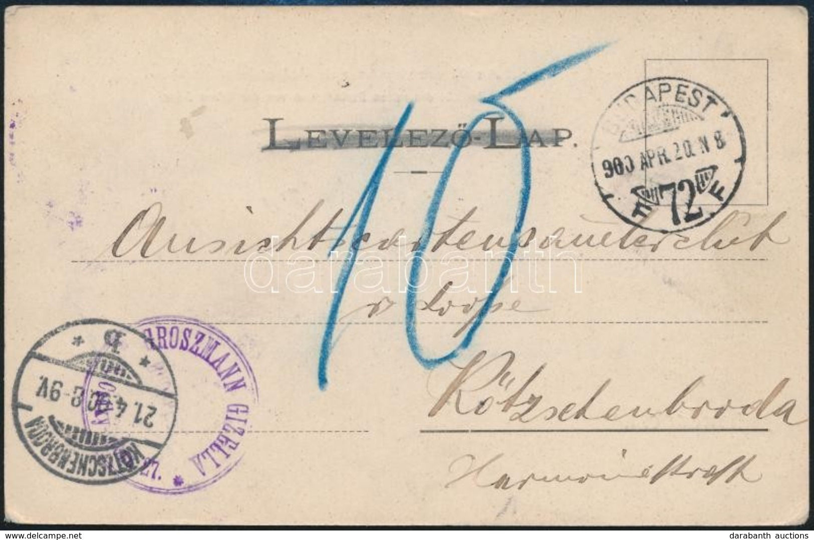 1900 Bélyeg Nélküli Képeslap Németországba, Ott Portózva / Postcard To Germany, With Postage Due - Sonstige & Ohne Zuordnung