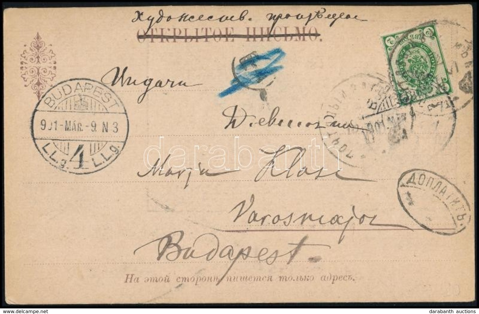 1901 Képeslap Oroszországból, Magyar és Orosz Portójelzéssel / Postcard From Russia, With Hungarian And Russian Postage  - Sonstige & Ohne Zuordnung